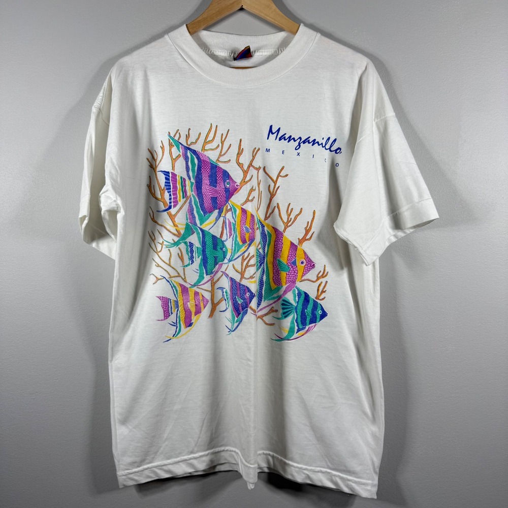Zebra Beach Wear Vintage Manzanillo Mexico Tropical Fish Graphic Tee White XL